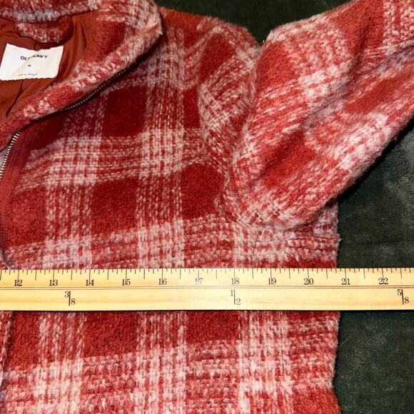 Old Navy Pea Coat Women’s Medium Red White Plaid Wool Blend Pockets Zip Front - Picture 7 of 10